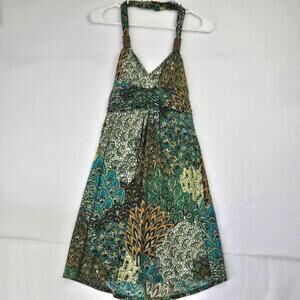 Cristinalove Boho Peacock Print Halter Sun Dress Size S